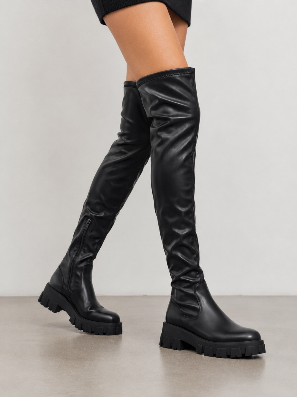 Azalea Wang Eureva Black Thigh High Lug Sole Boots NIB Sizes 7.5 8, 9